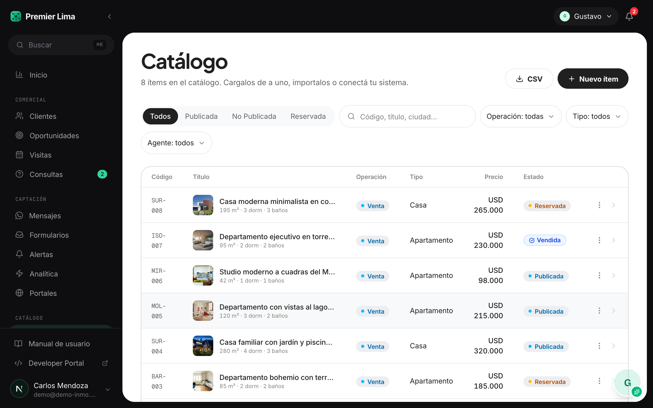 Pantalla Catálogo del CRM Phylax