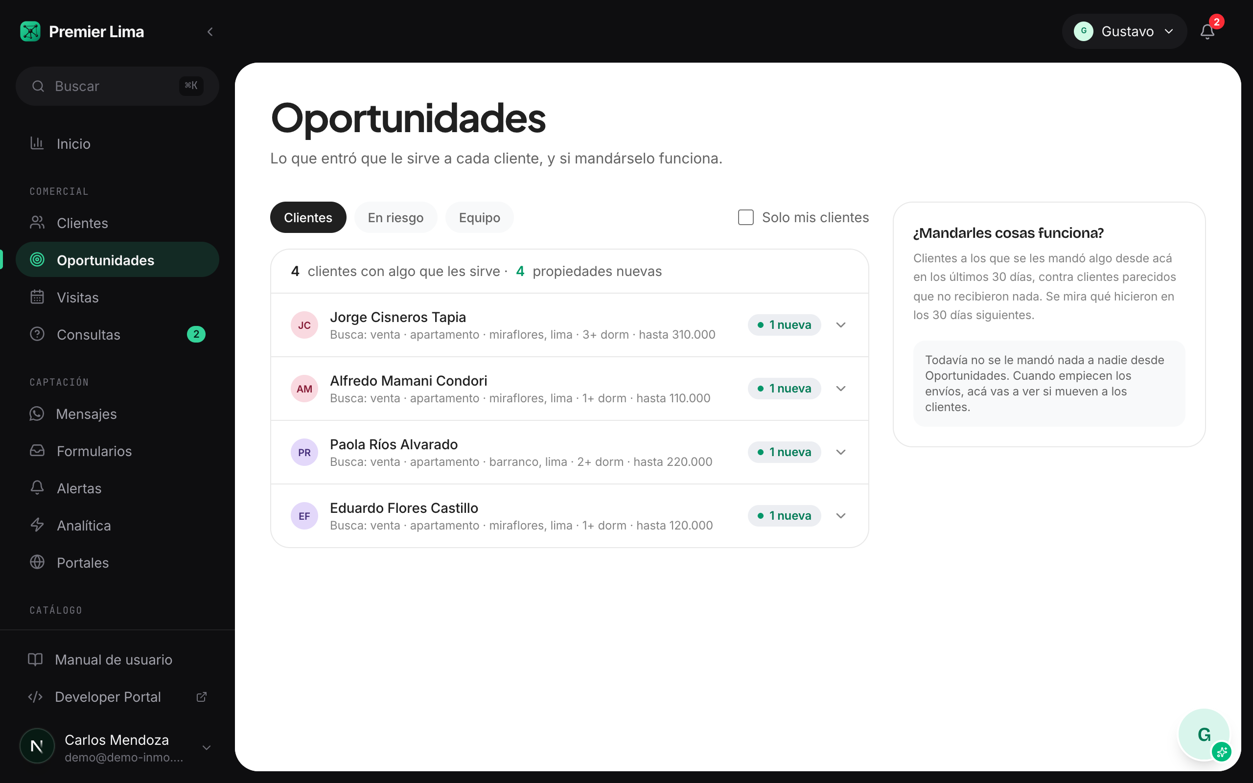 Pantalla Oportunidades del CRM Phylax